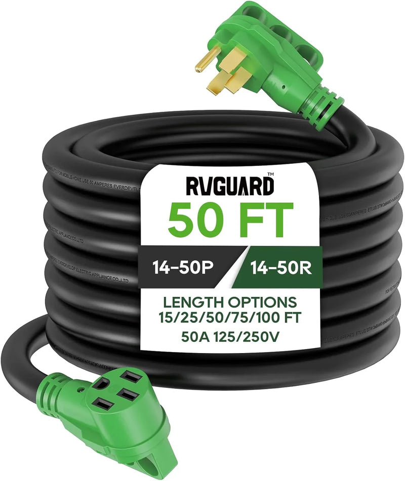 50 Amp 50 Foot RV/EV Extension Cord, NEMA 14-50P/R Heavy Duty Extension Cord with LED Power Indicator and Cord Organizer, Green, ETL Listed S5