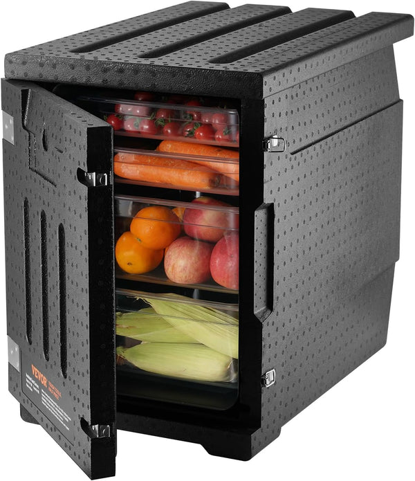 Food tray transportation box, 95-gallon insulated box for the catering industry, LLDPE food tray box with double clasps, front-mounted food heater with handle, suitable for stacking end loaders in restaurants, canteens, etc. black M0