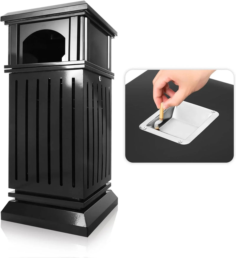 Outdoor trash bin top tray matte black stainless steel commercial waste storage box with lock cover. Heavy-duty industrial garden garage garbage container, dimensions: 35.5 * 15.8 * 15.8 inches. Q7