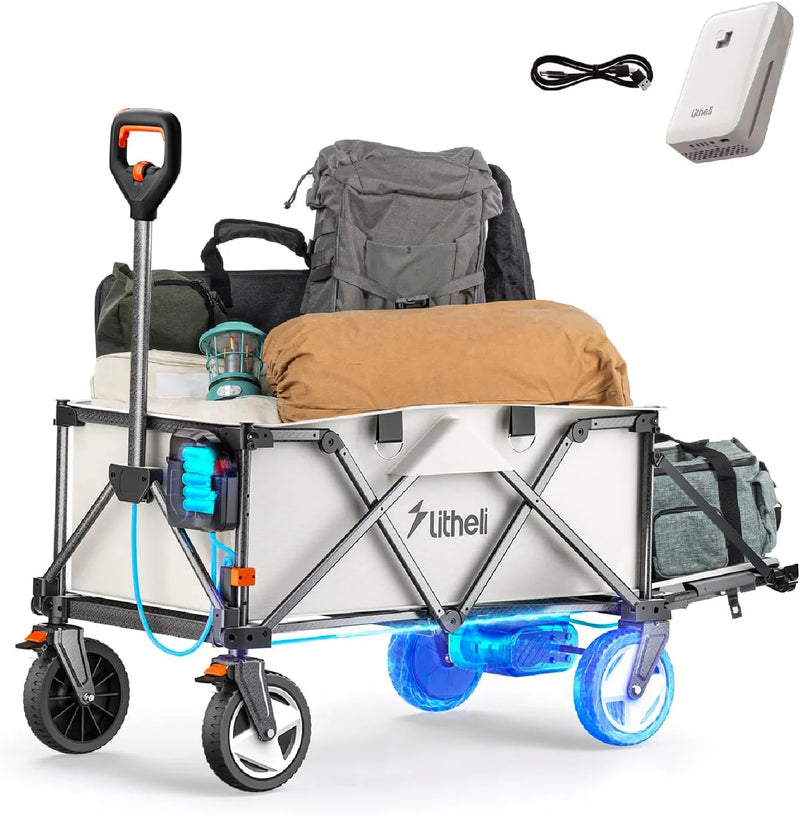 Utility truck, with a capacity of 200 liters and a load capacity of 300 pounds, featuring a foldable heavy-duty design, equipped with all-terrain wheels, featuring variable speed drive and battery power functions, suitable for camping, beaches, garde I1