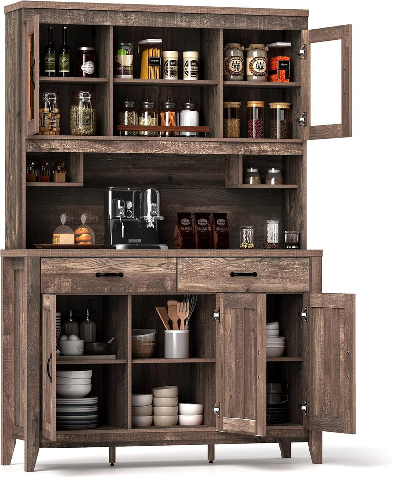 78.5-inch high kitchen cabinet storage unit, large storage cabinet with glass doors, equipped with drawers and adjustable shelves. The wooden kitchen storage unit has a microwave shelf, suitable for a home coffee bar. J6