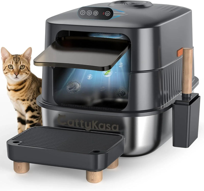 Stainless steel litter box, three-in-one enclosed high-sided litter box, equipped with a high lid, suitable for cats, anti-stick, anti-leak, easy to clean, with a scoop and filter step. N4