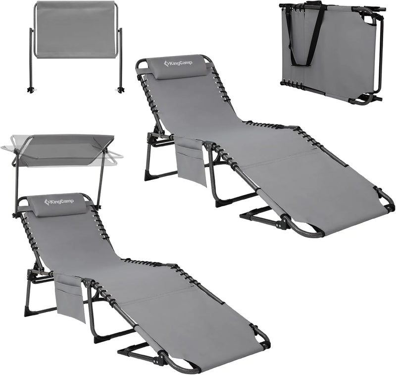 2-Seater Sun Chair with Facial Opening, Outdoor Foldable Portable Lounge Chair, Adjustable Five-Legged Folding Chair, With Sunshade, Suitable for Outdoor Beach, Gray Version G7
