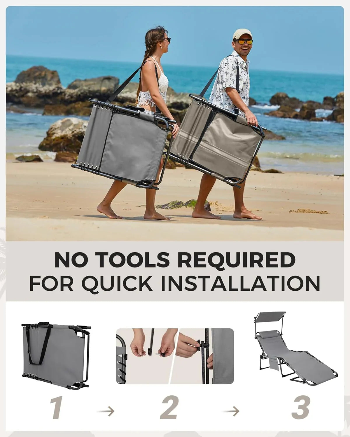 2-Seater Sun Chair with Facial Opening, Outdoor Foldable Portable Lounge Chair, Adjustable Five-Legged Folding Chair, With Sunshade, Suitable for Outdoor Beach, Gray Version