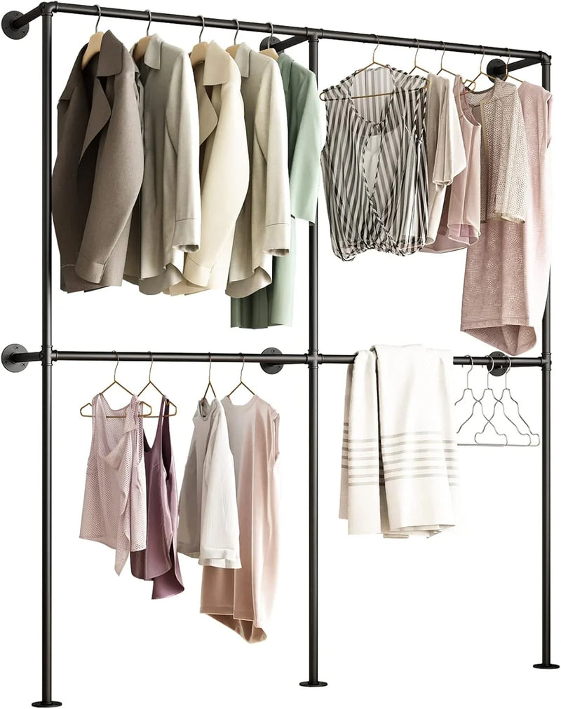 Industrial-style wall-mounted pipe clothes hanger, wall-mounted clothes hanger with double hanging rods, for closet storage (gold) Q3