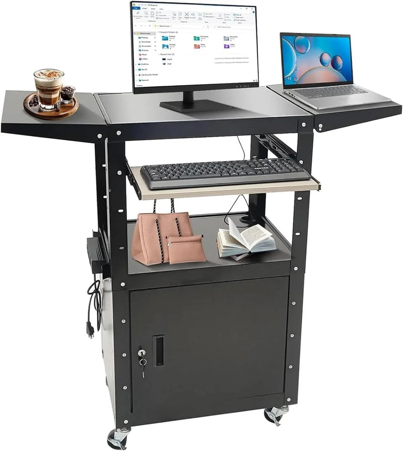 Upgraded AV Cart, Adjustable-Height Steel AV Cart with Locking Cabinet and Pullout Keyboard Tray, Rolling Media Cart with Wheels & Power for Computer Laptop Projector Printer (Black/43"x18"x43") T8