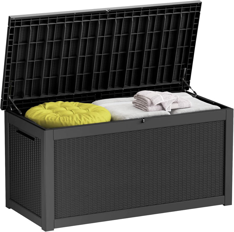 260-gallon large outdoor storage XL outdoor box, suitable for garden furniture, outdoor cushions, garden tools, sports equipment and pool supplies. Made of waterproof resin material, lockable, in gray color scheme. N8