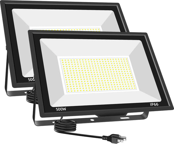500W LED Flood Light Outdoor 2 Pack, 2000W Equivalent FloodLight with Plug, Super Bright 55000LM 5000K Daylight White IP66 Waterproof Commercial Lighting for Sports Fields,Courts,Arena,Stadium I8