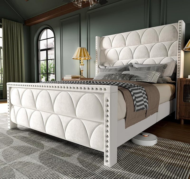 King Size Bed Frame with 56" Headboard - 1000LBS Capacity Support, Velvet Upholstered Wingback Platform Bed Frame, Noise Free, Sturdy Wooden Slat Support O1
