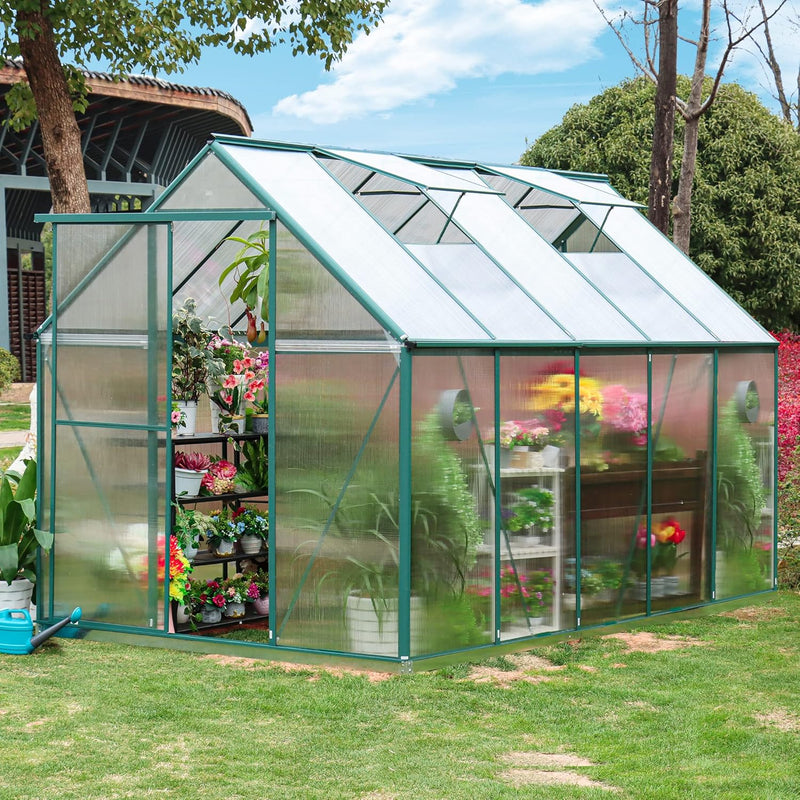 6'x10' Walk-in Greenhouse with 4mm 800G Polycarbonate Panels - Heavy-Duty Aluminum Frame, Wind/Snow Resistant for Gardening, Includes Sliding Door & Ventilation Windows (Green) P9