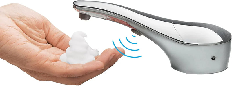 Automatic liquid soap dispenser, with a top-mounted contactless soap nozzle, capacity 34 ounces (1.0 liters), can be placed on the countertop of a public restroom, installation diameter 1-3/8 inches, chrome surface treatment. K1