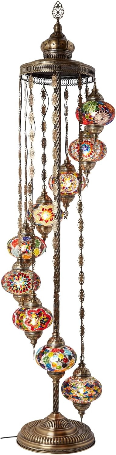 Turkish Moroccan mosaic floor lamp, with 9 lampshades and 6 feet in height - a Tafini-style standing decorative Bohemian-style lamp, equipped with colored lampshades, suitable for bedrooms, living rooms, and entrances - handmade in Turkey, available I1