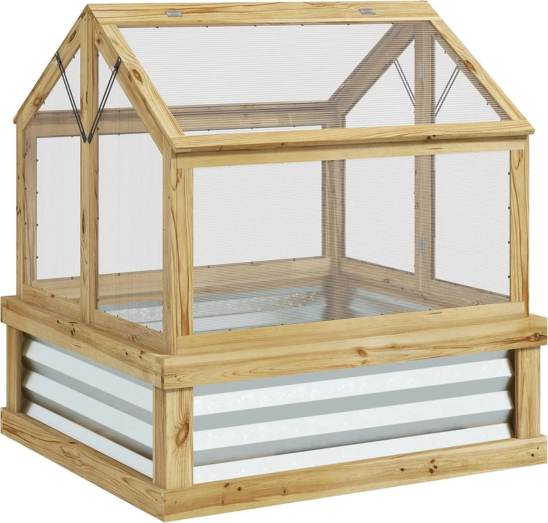 Raised Garden Bed with Polycarbonate Greenhouse, Wooden Cold Frame Greenhouse, Garden Flower Planter Protection, Peak Roof, 35.5" x 31.5" x 36", Natural E3