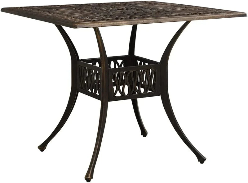Bronze terrace table, made of cast aluminum, suitable for outdoor use, square design, stable and durable, with dimensions of 35.4 inches × 35.4 inches × 28.7 inches, equipped with umbrella holes, requires assembly. J4