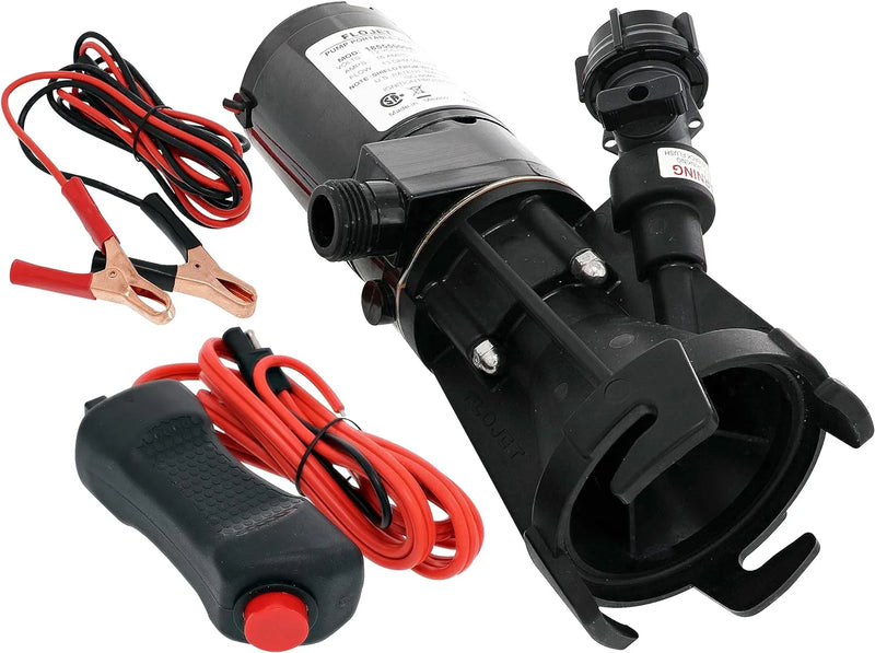 18555-000A - 12V DC waste pump, suitable for camper vans / motorhomes - Can empty a 40-gallon water tank in 5 minutes - Output flow rate 9 gallons per minute - 3/4 inch garden hose interface - Stainless steel grinder, self-priming, remote switch I0