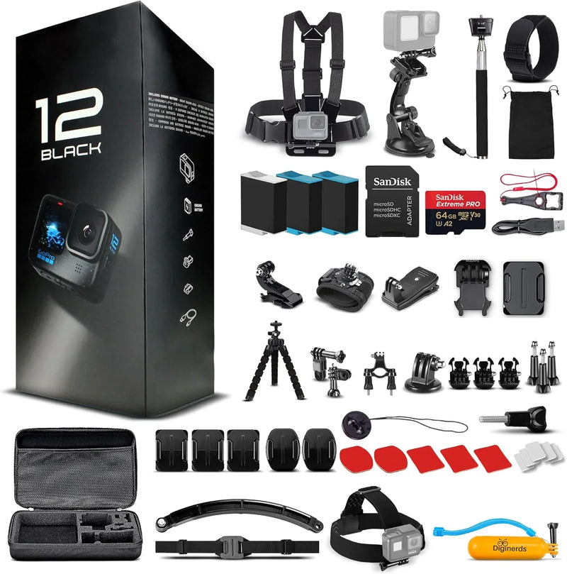 Equipped with a 50-piece accessory kit, 2 spare batteries and a 64GB memory card - a waterproof action camera - 5.3K HDR, 27 million pixels of photos, 1/1.9-inch sensor, live streaming function, webcam, and shake-proof function D5