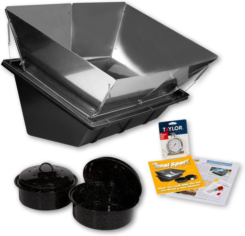 Dual Sport Solar Oven, Black, Portable Outdoor Cooking System with Reflectors, 27x17x12 Inch, 6.8 Qt Capacity, Includes 2 Pots, Thermometer, Wapi, Cookbook, and Instruction Manual X7