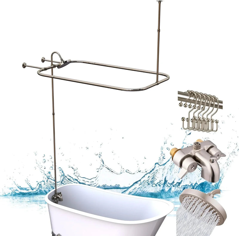 Clawfoot Tub Shower Kit, Add On Shower Units With Bathcock Diverter Faucet and 48" X 27“ Rectangular Claw foot Tub Shower Curtain Rod Kit,Claw foot Tub Shower Faucet Set,Brushed Nickel K5