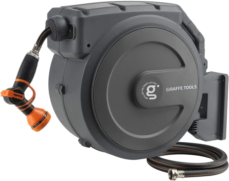 Tool-extendable garden hose reel, inner diameter 1/2 inch, length 155 inches, equipped with 5-foot extension hose, sturdy and durable, lockable at any length, slow retraction system, wall-mounted design, 180-degree rotating bracket Y7
