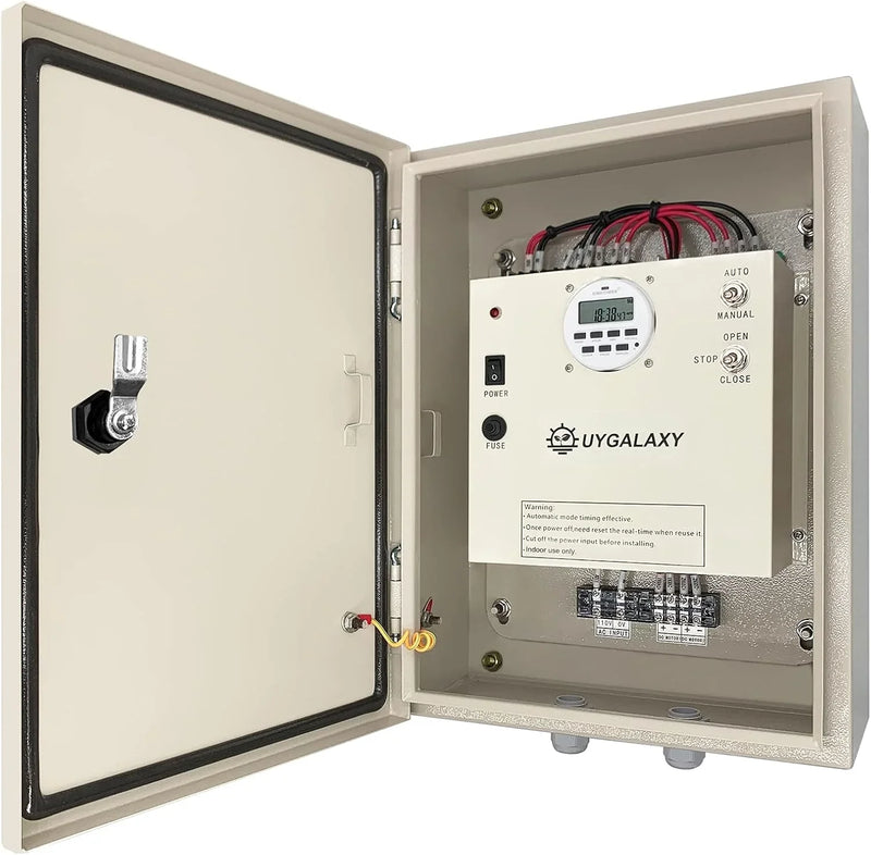 Electrically controlled timer for greenhouse roller shutters (for ventilation) uses an AC 110V to DC 24V transformer for timing control, enabling the opening or closing of the side top curtains of the greenhouse薄膜. E4