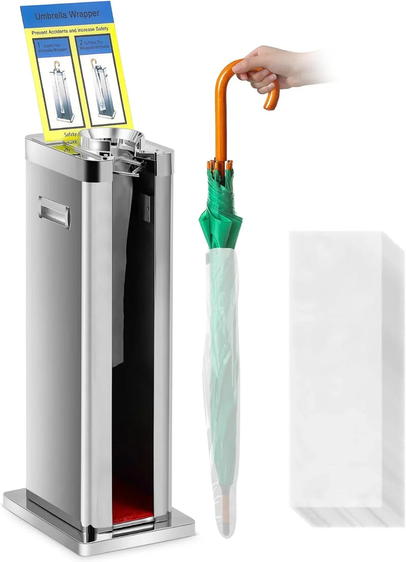Automatic wet umbrella packaging machine, stainless steel single-slot umbrella bag distributor bracket, equipped with 1000 long umbrella bags and warning signs, suitable for commercial shopping centers, hotels, in silver color. B8