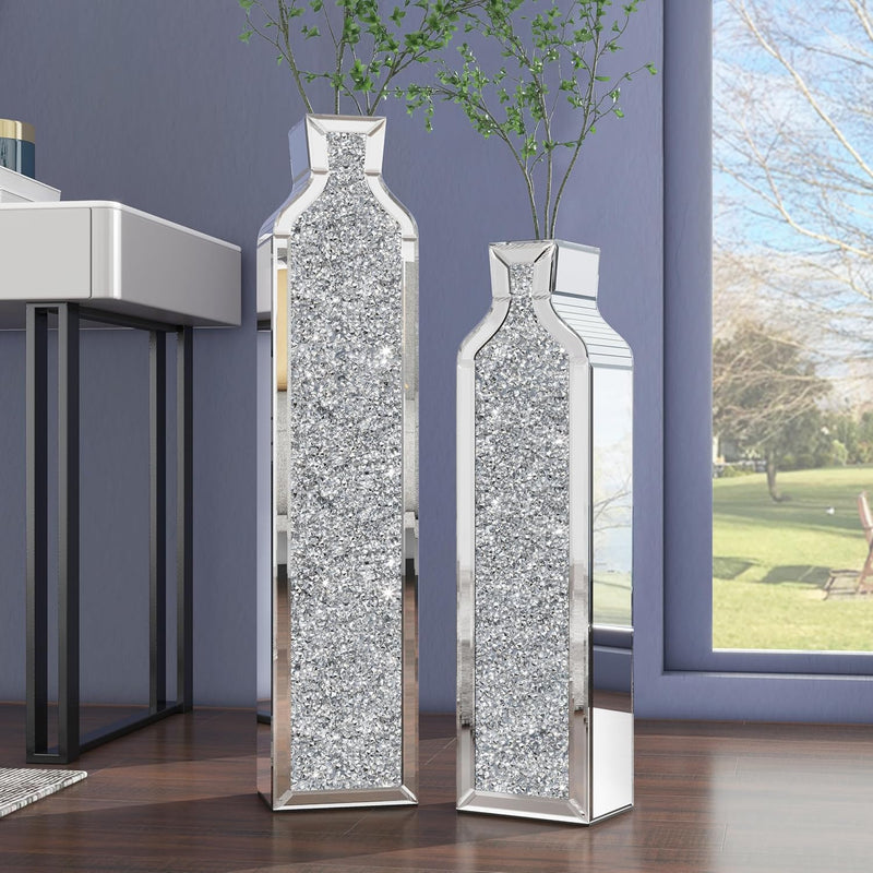 Floor vase crushing diamond reflective vase - Silver floor-style vase set (2-piece) - 24-inch and 30-inch large crystal goblet vases, suitable for living rooms, dining rooms, bedrooms, home corners, corridors, indoor offices and floors. L6