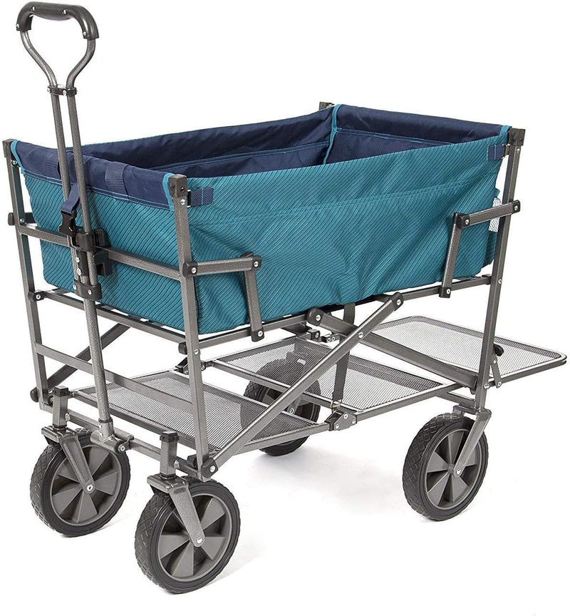 A foldable double-layer outdoor multi-functional truck, equipped with a long lower shelf, in blue-green color. M7