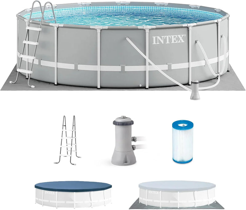 Above Ground Swimming Pool w/ Pump, Cover, & Ladder, 18' x 48", Prism Frame, Gray - Outdoor Round Family Pool w/ Filter, 42-Inch Deep Water U8