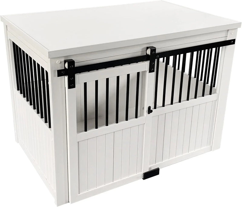 Farm sliding cowshed door furniture-style dog cage - antique white, large size. Unique style, durable and sturdy. Removable seat cushion. Easy to assemble. M0