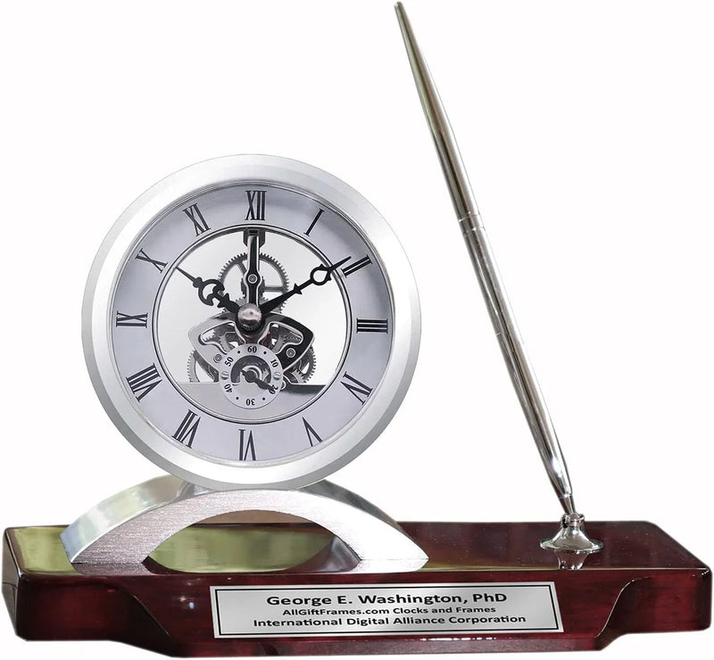 Desk clock, pen set, personalized, unique, silver clock, clear transparent case, gears, da Vinci, timepiece display, metal pen set, wooden desk stand, desk accessories, office, modern home, engraving B7