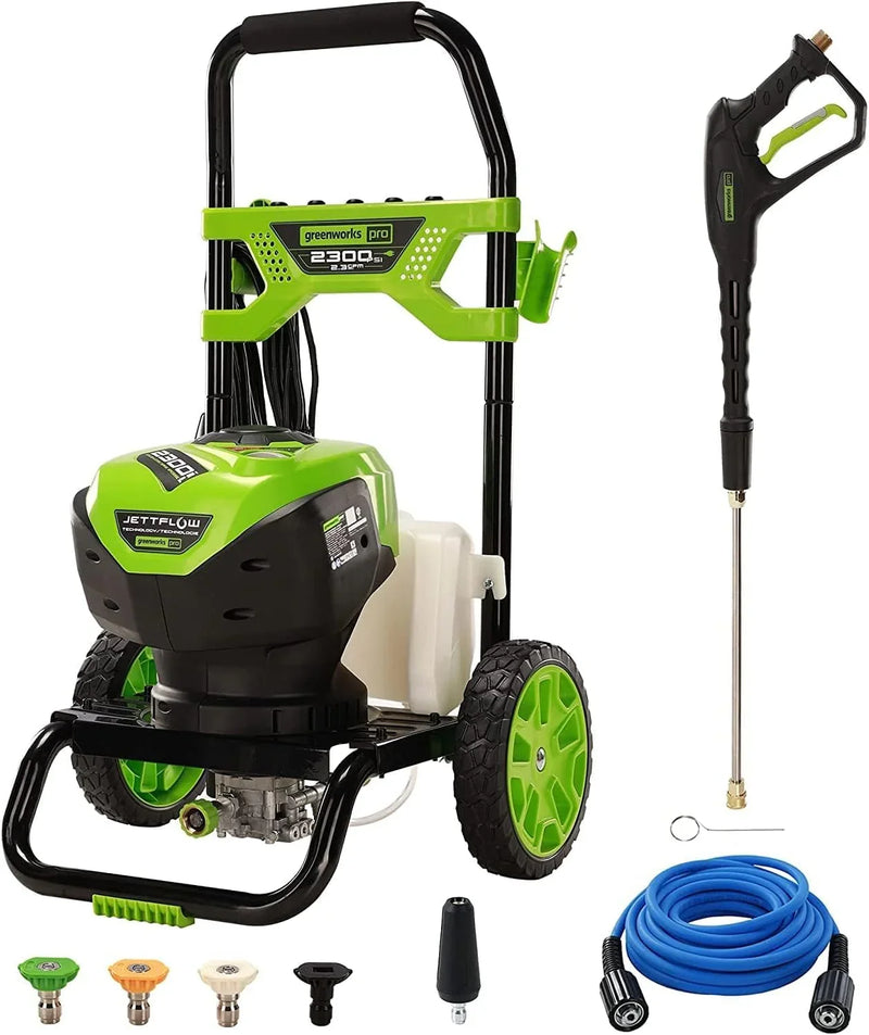 2300 pounds/square inch true brushless electric high-pressure cleaning machine (2.3 gallons/minute), 25 feet hose, quick-connect nozzle, 15°, 24°, 40° soap nozzles and turbine nozzle I5