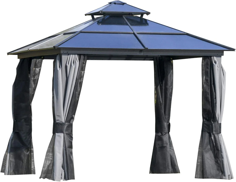 10 feet x 12 feet hard-top awning canopy, polycarbonate roof, aluminum frame, permanent outdoor awning, with net cover, suitable for patios, gardens, backyards, terraces, lawns, grasslands, light gray. S9
