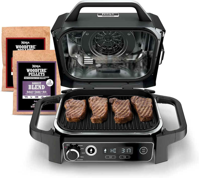 7-in-1 Multi-functional (Barbecue, Slow Roast, Bake, Air Fry, Dehydration, Grill, Smoking) | Portable and highly weather-resistant | Capable of cooking up to 6 steaks and 30 hot dogs | Includes wood pellet fuel H9