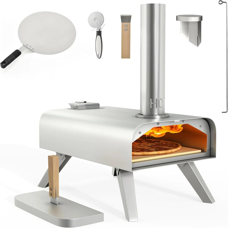 Wood-fired outdoor pizza oven, 12-inch portable pellet pizza oven, equipped with pizza tongs and pizza cutter, stainless steel silver pizza maker suitable for outdoor kitchen cooking U4