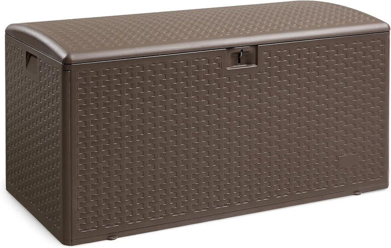 Outdoor patio storage box - 150 gallons. Loft box, waterproof and highly resistant to weather, suitable for furniture cushions and gardening tools, brown color scheme. V6