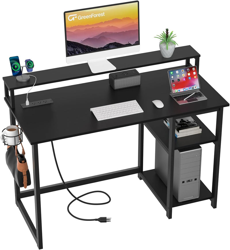 47 inch Computer Desk with Power Outlets, Small Home Office Desk with Ergonomic Monitor Stand, Reversible Gaming Desk, Modern Study Desk, Laptop Desk, White C5