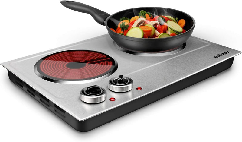 Hot Plate,1800W Ceramic Electric Hot Plate for Cooking, Dual Control Infrared Cooktop, Portable Countertop Burner, Glass Plate Electric Cooktop, Silver, Stainless Steel R7