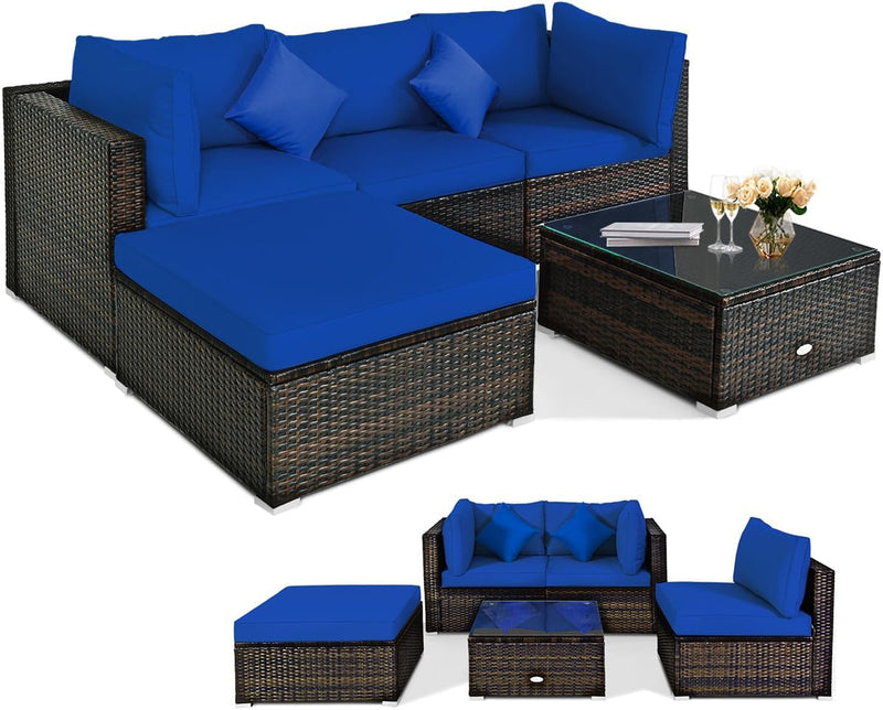 5 pieces of outdoor patio furniture, L-shaped rattan three-seater sofa with tempered glass coffee table, footstool, 3 single chairs, rattan outdoor party set, suitable for backyard, porch, balcony, black version X5