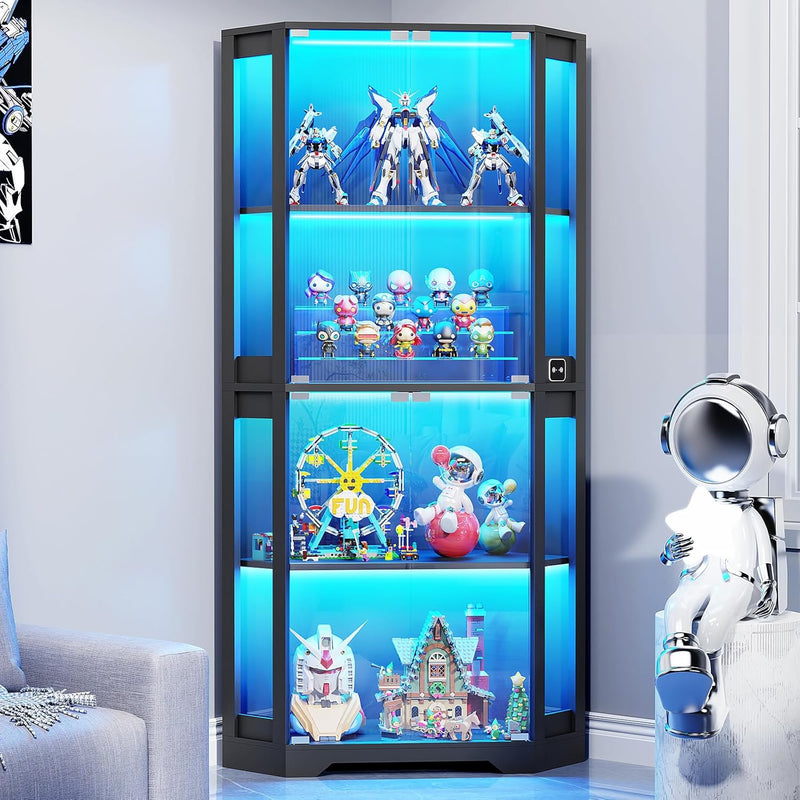 Corner Display Cabinet with Glass Doors, 65" Lighted Curio Cabinet with 3 Color Lights for Collectibles, 4-Tier Display Case Bookcase with Human Body Sensor for Toys, Books, Trophy, Black R5