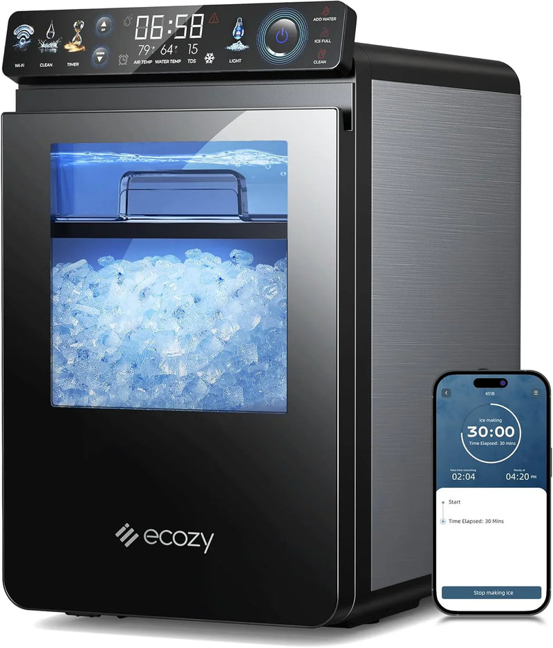Nugget Ice Maker Countertop, Smart Pebble Ice Machine with APP Control, 44 lbs/24H Soft Pellet Chewable Ice with Self-Cleaning, Stainless Steel X0