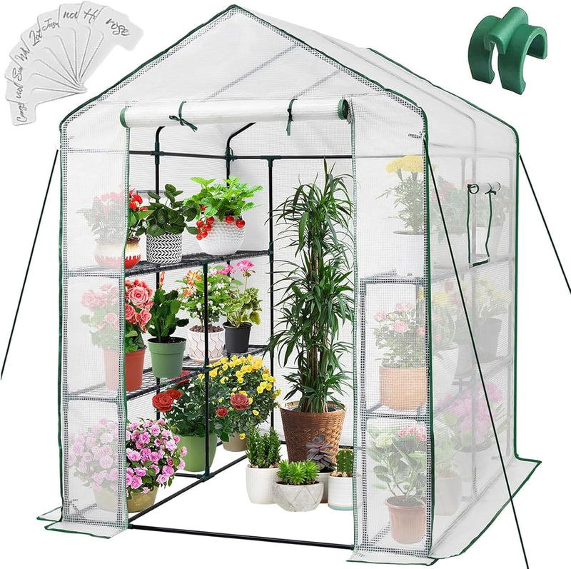 Greenhouse, 57 x 85 x 76'' Greenhouses for Outdoors, Portable Greenhouse Kit with Mesh Side Windows, PE Cover, 8 Shelves, Heavy Duty Walk in Green House for Backyard Garden Indoor Outside W0