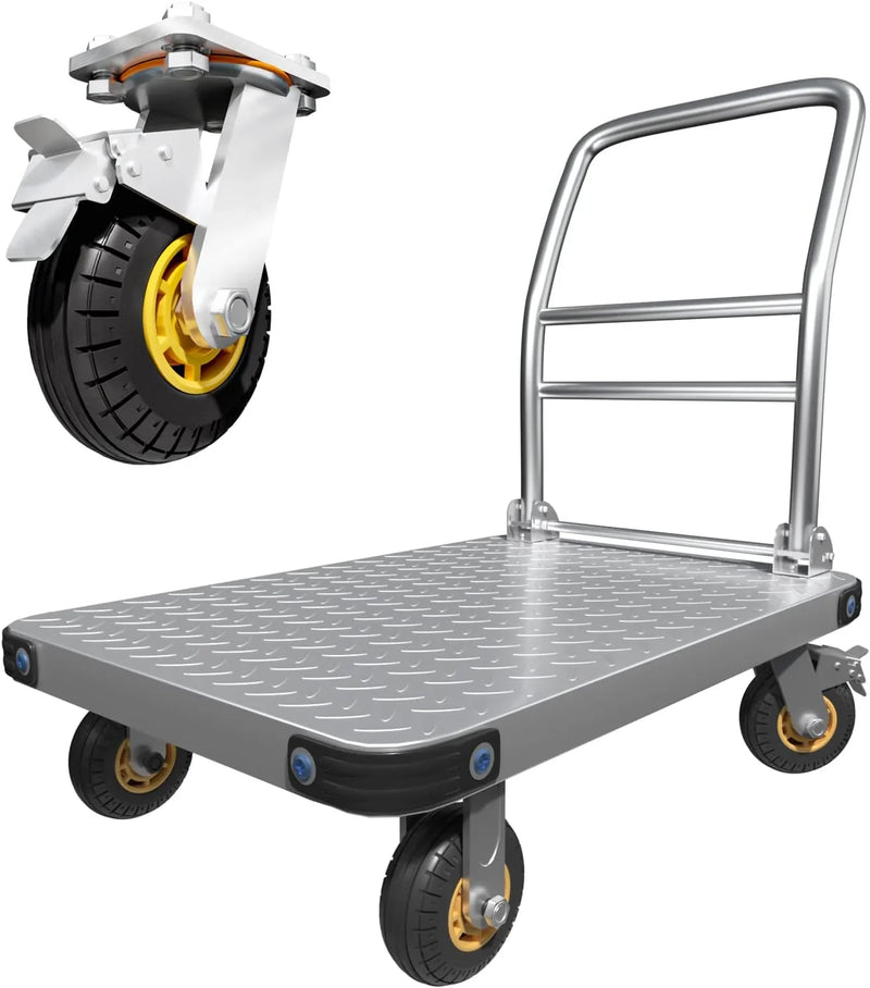 Heavy Duty Platform Truck Flat Moving Cart Hand Trucks,2000Lbs Steel Push Cart Dolly with Brake Design, 36 x 24in Large Flatbed with 5'' 360 Degree Swivel Wheels for Easy Storage O2