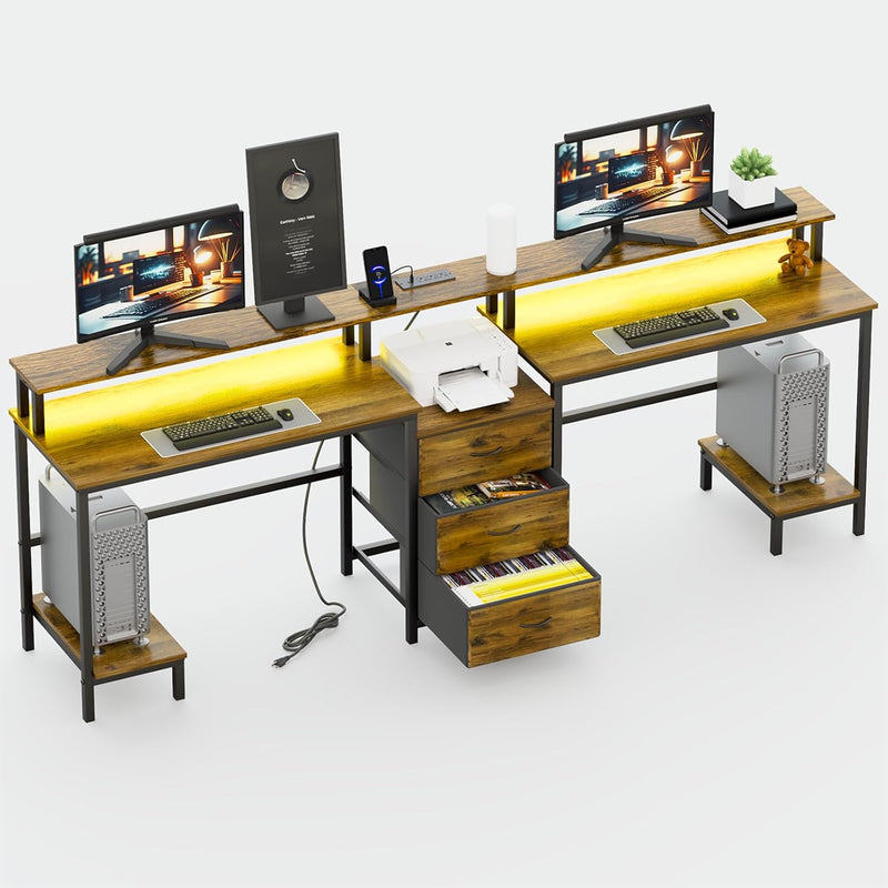 2 Person Desk with LED Lights & Charging Station – Long Desk for 2 with Storage Drawers, Monitor Riser, USB Ports & Outlets – Modern Study Table or Workstation for Home Office F5