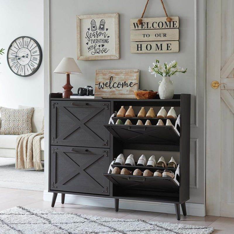 Shoe Storage Cabinet,Farmhouse Shoe Organizer with 4 Flip Drawers & Barn Door Design,Freestanding Hidden Slim Narrow Shoe Rack Cabinet for Entryway,Foyer,Hallway,Walnut Q9