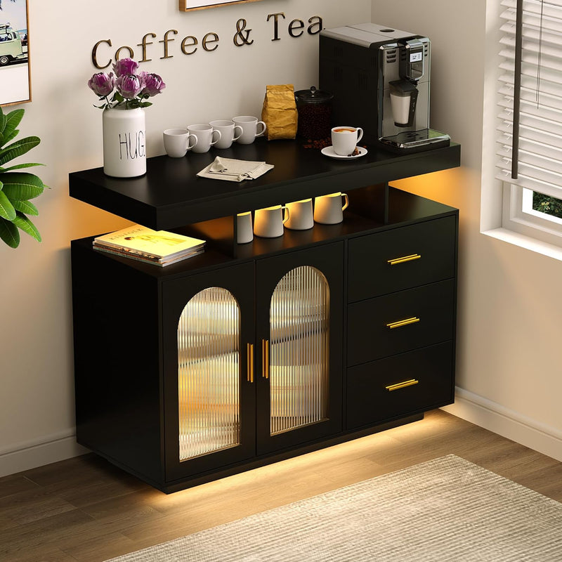 Bar Cabinet Kitchen Storage Cabinet with RGB Light, Human Sensor Design Sideboard Buffet Cabinets, Wood Coffee Bar Table with Shelf Capacity (Black) B6