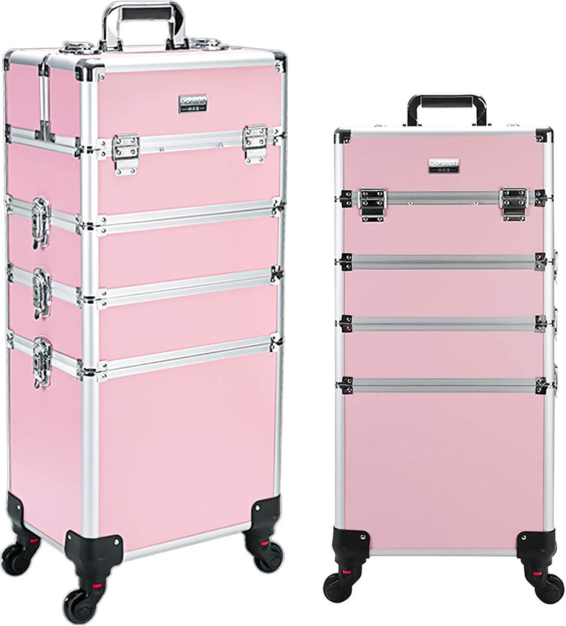 4 in 1 Professional Rolling Aluminum Cosmetic Makeup Train Organizer Storage Case Artist Train Case Salon Beauty Cosmetic Jewelry Organizer Trolley with 4 Wheels (All Black) W8