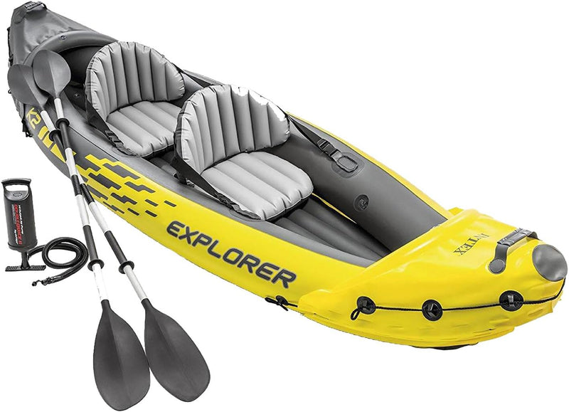 Explorer K2 Inflatable Kayak Set: Includes luxurious 86-inch aluminum paddle and high-output pump - extremely durable PVC material - adjustable seat with backrest - suitable for two people - maximum weight capacity 400 pounds J0