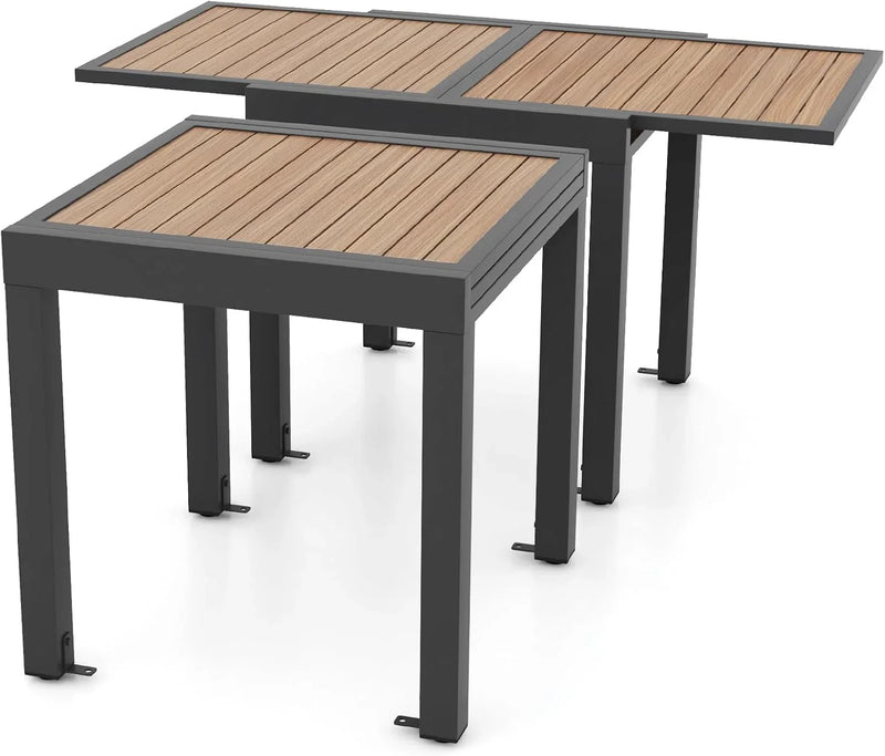 Extensible outdoor dining table, patio table, all-weather aluminum frame, large rectangular lawn backyard garden terrace dining table, suitable for 4 to 6 people, dark gray (dark gray, slatted tabletop) P7