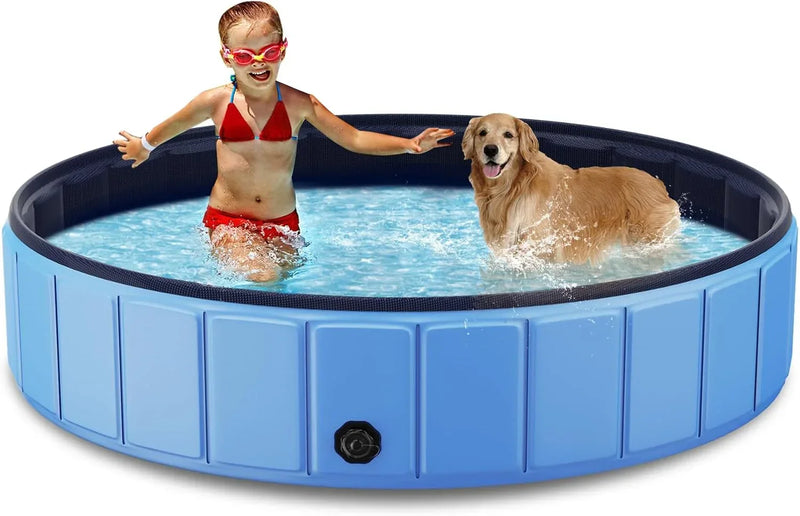 Foldable Dog Swimming Pool, 120"x20" Oversize Collapsable Hard Plastic Potable Bathing Tub for Pet Dog Kiddie Pool Indoor and Outdoor Leakproof PVC Play Pool for Large Dogs Pets Puppy Kids Blue D3