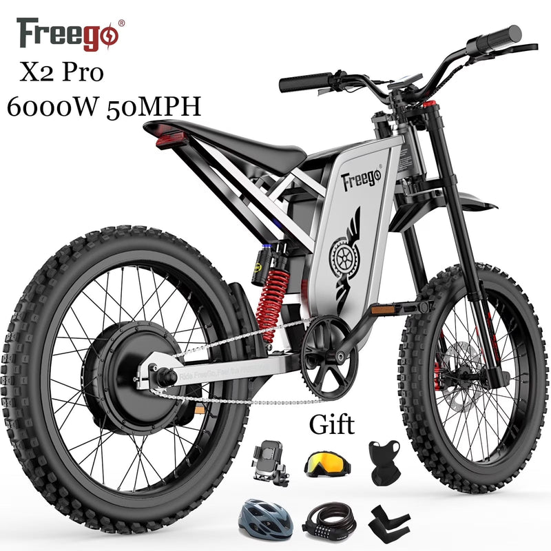 6000W(Peak) Motor 60V/30Ah Battery Freego X2Pro Electric Motorcycle for Adults, Electric Bike,50MPH/7 Speed Off Road Electric Bicycle,19 x 2 Full... Y4